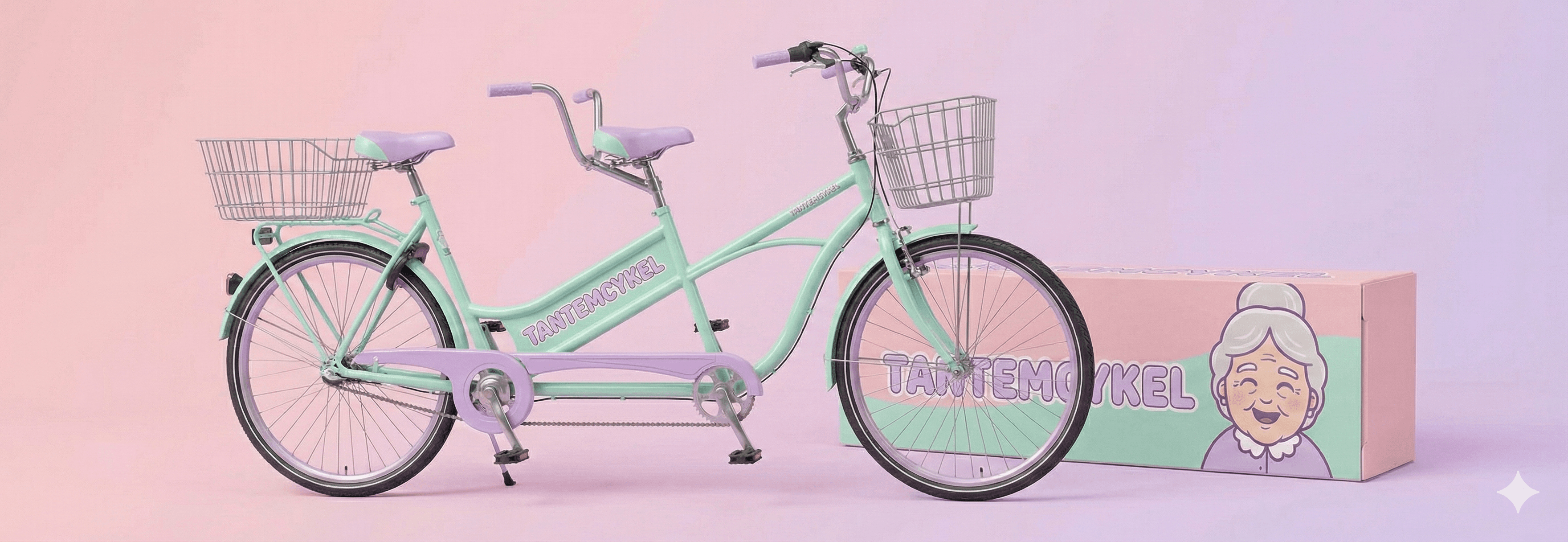 Tantemcykel i mintgrön färg med två sadlar och korgar