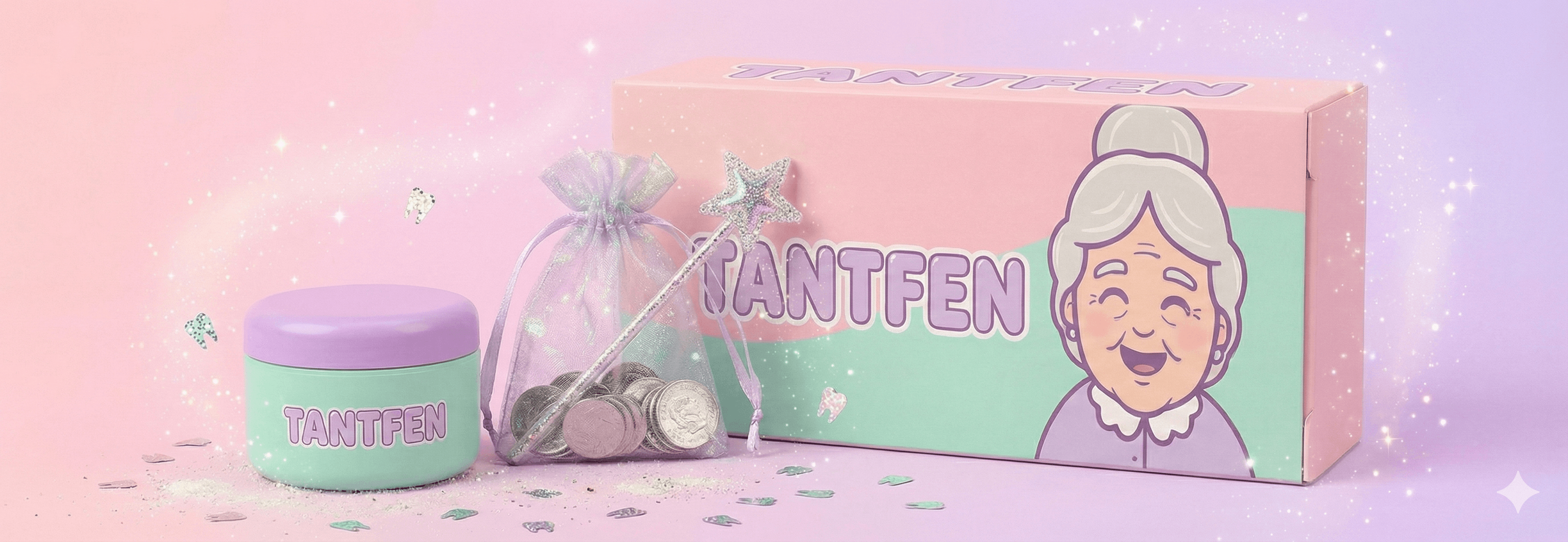 Tantfen set med burk, myntpåse och presentförpackning i pastellfärger