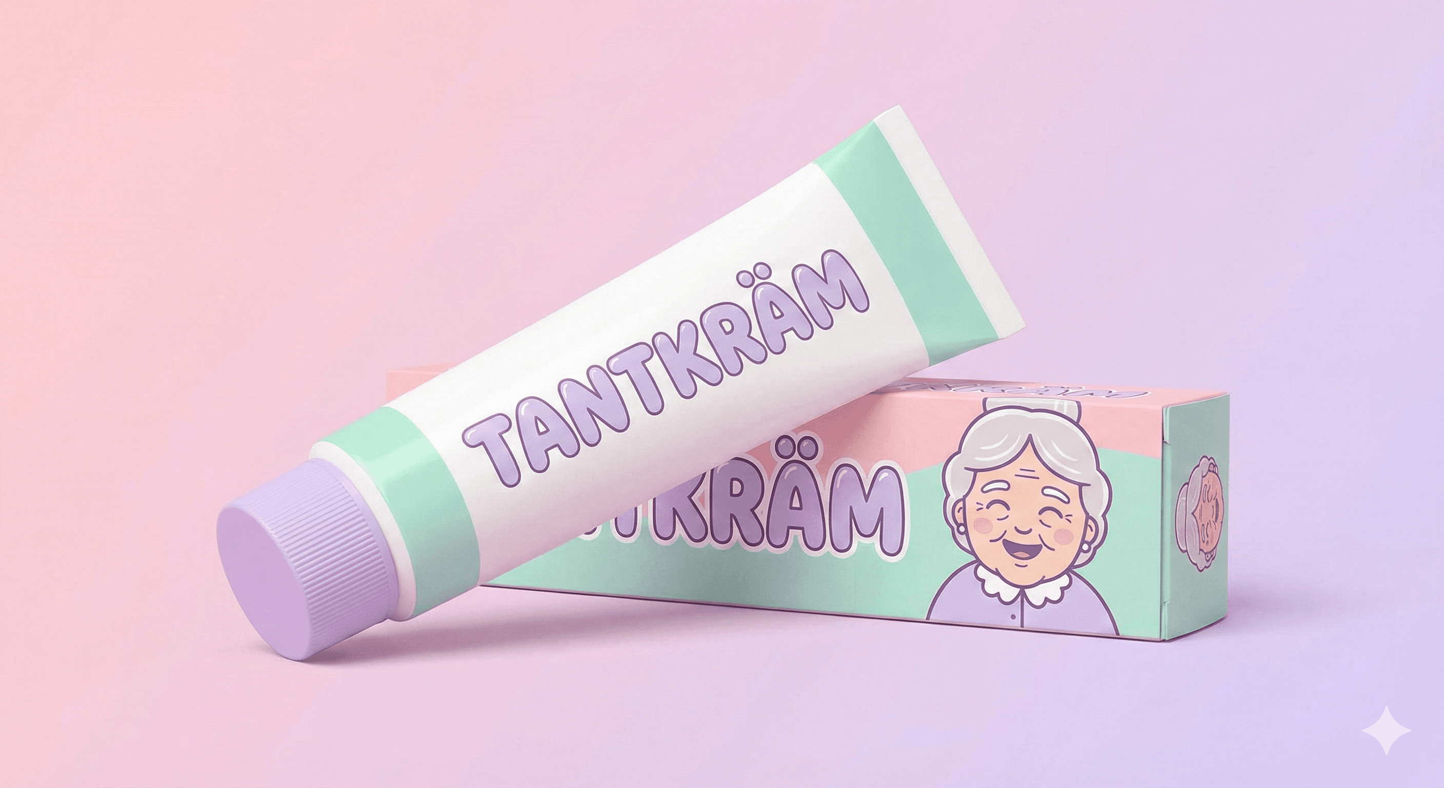Tantkräm tub i pastellfärger med tant-illustration på förpackningen