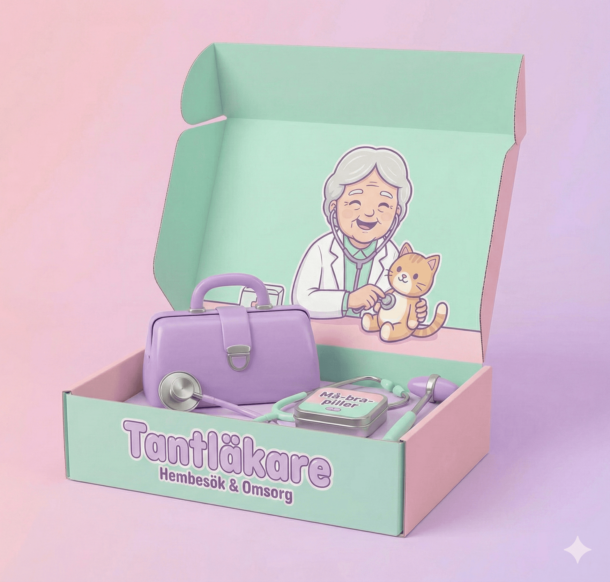 Tantläkare leksaksset med väska, stetoskop och må-bra-piller