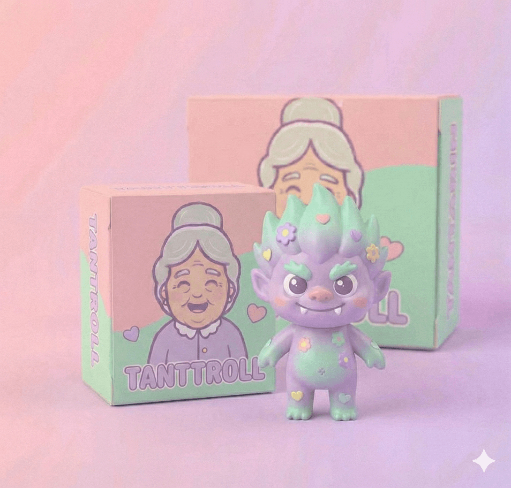 Tanttroll figur i pastellfärger med mysiga kläder